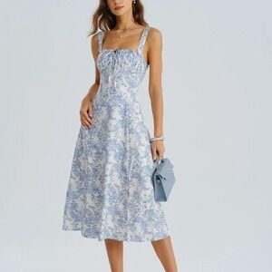 Rihoas NEW Womens Milkmaid Slip Midi Dress S Blue White Floral Corset Brunch